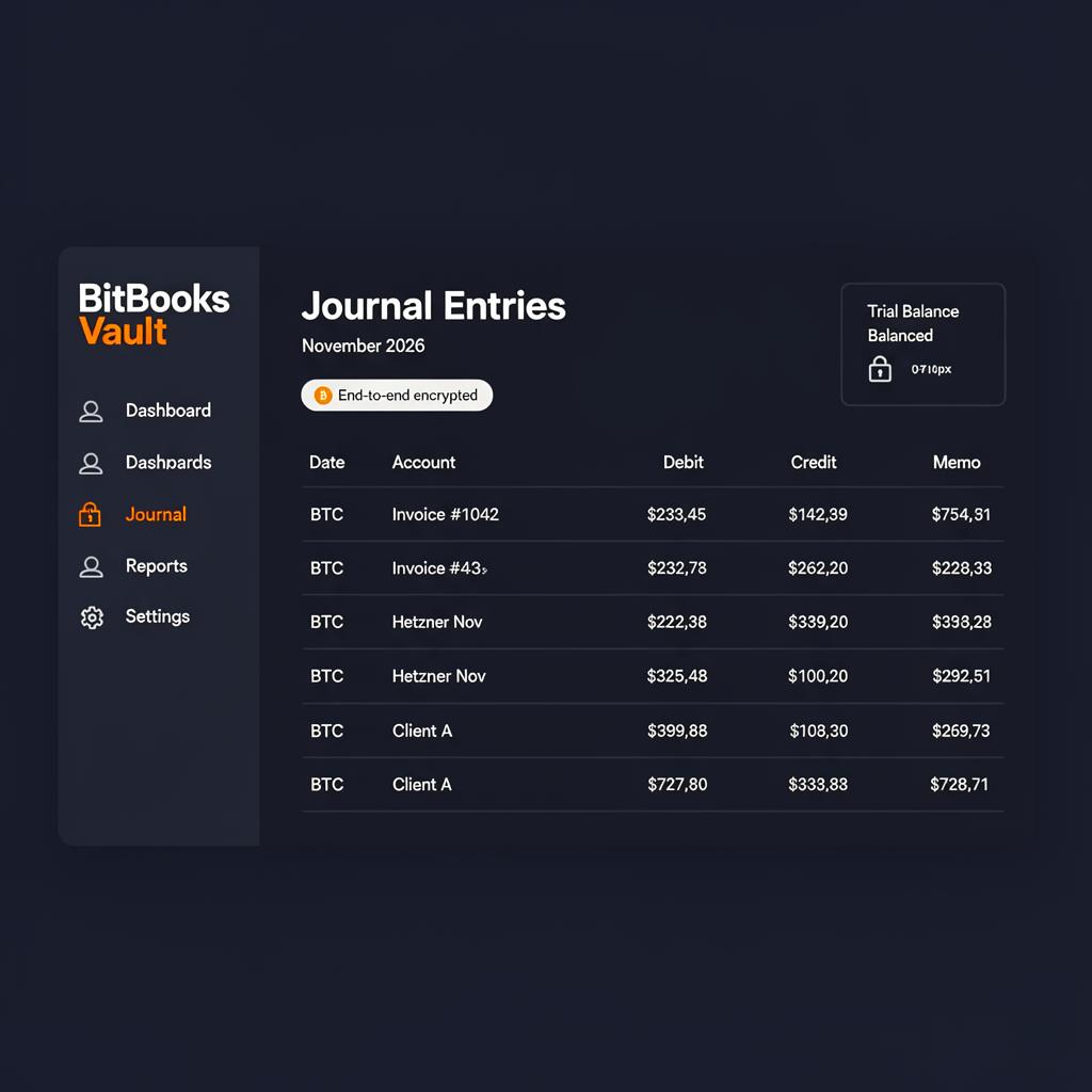 BitBooks Vault journal entries dashboard with end-to-end encrypted ledger
